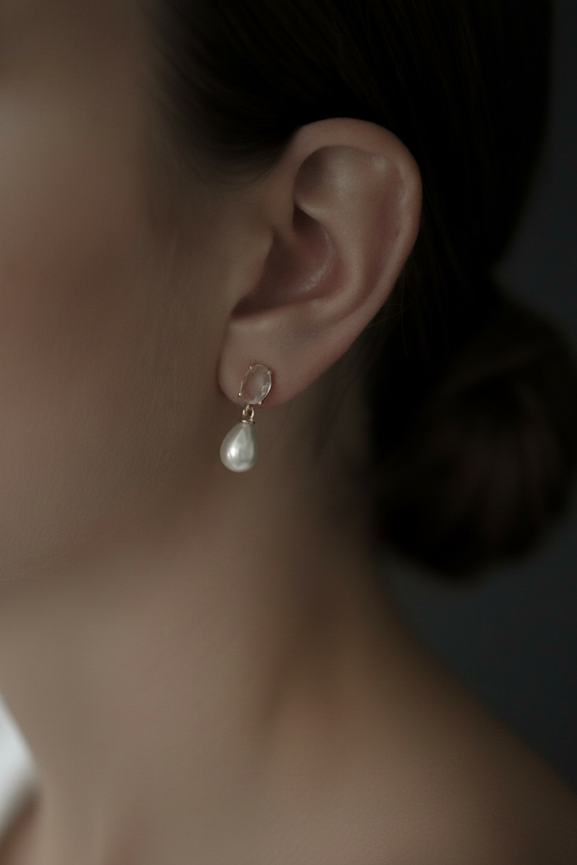Mini Oval Crystal Pearl Drop Earrings