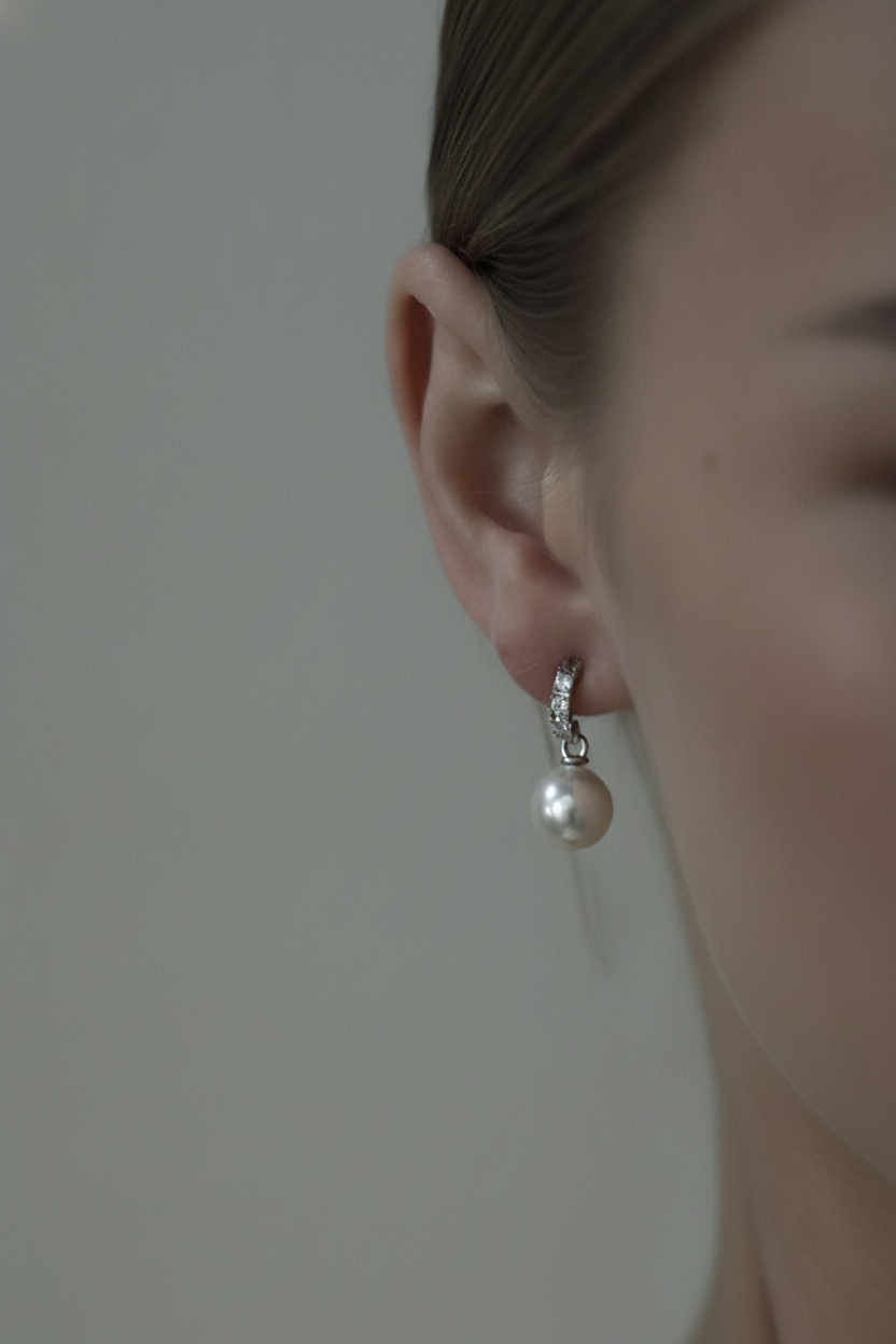 Crystal Huggie Pearl Drop Earrings
