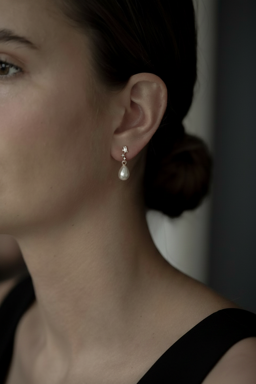 Mini Stacked Crystal Pearl Drop Earrings