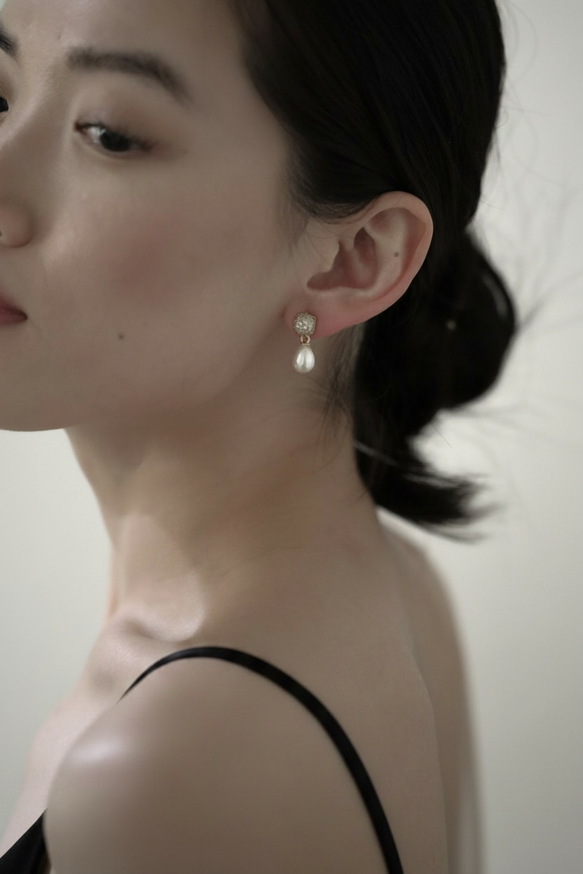Pave Mini Pearl Drop Earrings